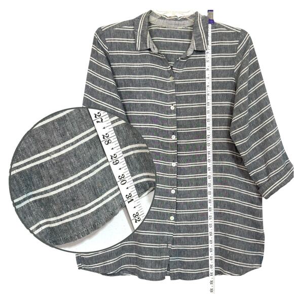 Linen Button Top Gray Stripe 3/4 Sleeve HABITAT L Coastal Grandmother Lagenlook - Picture 4 of 10